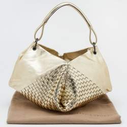 Pre Owned Bottega Veneta Metallic Gold Leather Intrecciato Aquilone Fortune Cookie Hobo