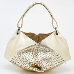 Pre Owned Bottega Veneta Metallic Gold Leather Intrecciato Aquilone Fortune Cookie Hobo