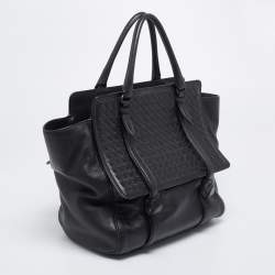 Pre Owned Bottega Veneta Black Intrecciato Snake Skin and Leather Monaco Satchel