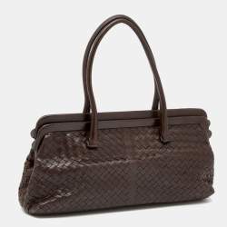 Pre Owned Bottega Veneta Dark Brown Intrecciato Leather Frame Satchel