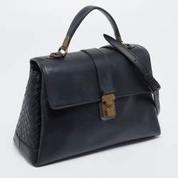 Pre Owned Bottega Veneta Navy Blue Leather Medium Piazza Top Handle Bag