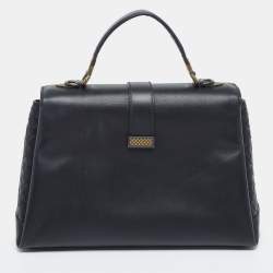 Pre Owned Bottega Veneta Navy Blue Leather Medium Piazza Top Handle Bag