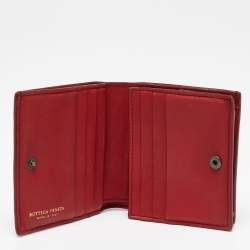 Pre Owned Bottega Veneta Red Intrecciato Leather Flap Compact Wallet