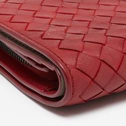 Pre Owned Bottega Veneta Red Intrecciato Leather Flap Compact Wallet