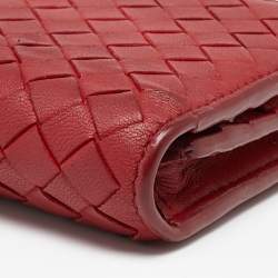 Pre Owned Bottega Veneta Red Intrecciato Leather Flap Compact Wallet