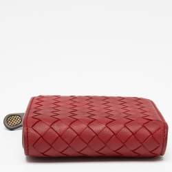 Pre Owned Bottega Veneta Red Intrecciato Leather Flap Compact Wallet