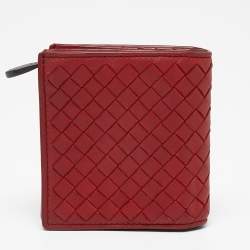 Pre Owned Bottega Veneta Red Intrecciato Leather Flap Compact Wallet