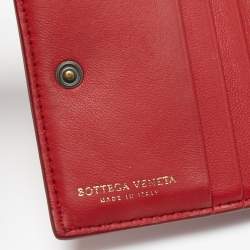 Pre Owned Bottega Veneta Red Intrecciato Leather Flap Compact Wallet