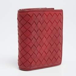 Pre Owned Bottega Veneta Red Intrecciato Leather Flap Compact Wallet