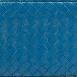 Pre Owned Bottega Veneta Blue Intrecciato Leather Zip Around Wristlet Wallet