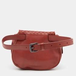 Pre Owned Bottega Veneta Brown Intrecciato Leather Flap Tassel Belt Bag