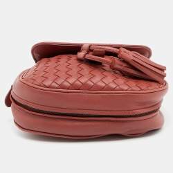 Pre Owned Bottega Veneta Brown Intrecciato Leather Flap Tassel Belt Bag