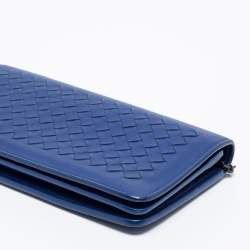 Pre Owned Bottega Veneta Blue Intrecciato Leather Flap Wallet On Chain