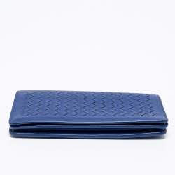 Pre Owned Bottega Veneta Blue Intrecciato Leather Flap Wallet On Chain