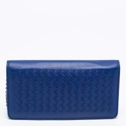 Pre Owned Bottega Veneta Blue Intrecciato Leather Flap Wallet On Chain