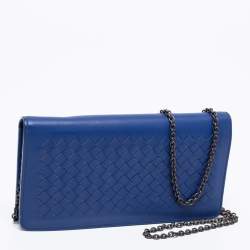 Pre Owned Bottega Veneta Blue Intrecciato Leather Flap Wallet On Chain