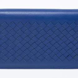 Pre Owned Bottega Veneta Blue Intrecciato Leather Flap Wallet On Chain