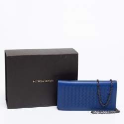 Pre Owned Bottega Veneta Blue Intrecciato Leather Flap Wallet On Chain