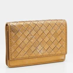 Pre Owned Bottega Veneta Gold Intrecciato Leather Business Card Case