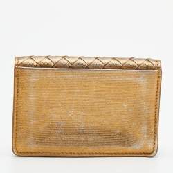 Pre Owned Bottega Veneta Gold Intrecciato Leather Business Card Case