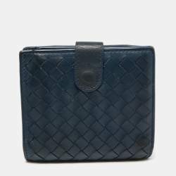 Pre Owned Bottega Veneta Blue Intrecciato Leather French Compact Wallet