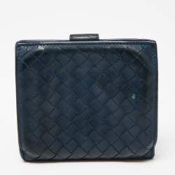 Pre Owned Bottega Veneta Blue Intrecciato Leather French Compact Wallet