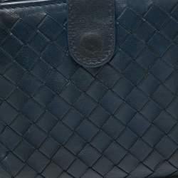 Pre Owned Bottega Veneta Blue Intrecciato Leather French Compact Wallet