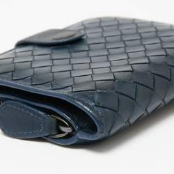 Pre Owned Bottega Veneta Blue Intrecciato Leather French Compact Wallet