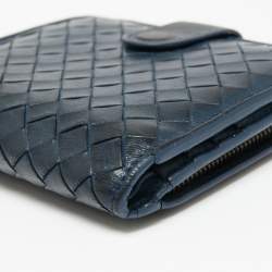 Pre Owned Bottega Veneta Blue Intrecciato Leather French Compact Wallet