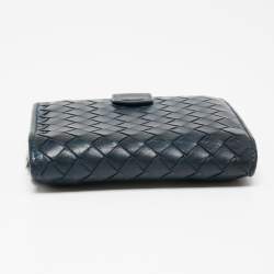 Pre Owned Bottega Veneta Blue Intrecciato Leather French Compact Wallet