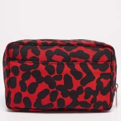 Pre Owned Bottega Veneta Red/Black Leopard Print Nylon Pouch