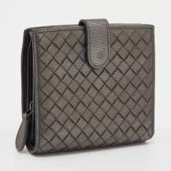 Pre Owned Bottega Veneta Metallic Grey Intrecciato Leather French Wallet