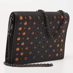 مملوكة مسبقًا Bottega Veneta Black Leather Embellished Flap Wallet On Chain