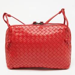 Pre Owned Bottega Veneta Red Intrecciato Leather Nodini Crossbody Bag