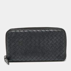 Pre Owned Bottega Veneta Black Intrecciato Leather Zip Around Wallet