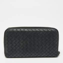 Pre Owned Bottega Veneta Black Intrecciato Leather Zip Around Wallet