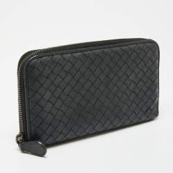 Pre Owned Bottega Veneta Black Intrecciato Leather Zip Around Wallet