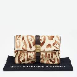 Pre Owned Bottega Veneta Beige/Brown Leopard Print Calf Hair and Leather Foldover Clutch
