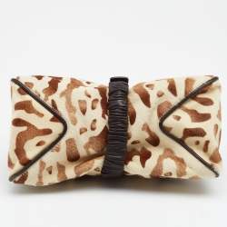 Pre Owned Bottega Veneta Beige/Brown Leopard Print Calf Hair and Leather Foldover Clutch