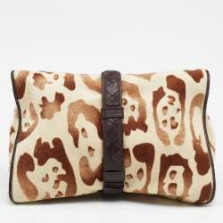 Pre Owned Bottega Veneta Beige/Brown Leopard Print Calf Hair and Leather Foldover Clutch