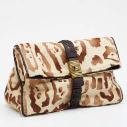 Pre Owned Bottega Veneta Beige/Brown Leopard Print Calf Hair and Leather Foldover Clutch
