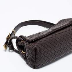 Pre Owned Bottega Veneta Dark Brown Intrecciato Leather Flap Baguette Bag