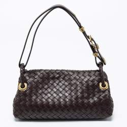 Pre Owned Bottega Veneta Dark Brown Intrecciato Leather Flap Baguette Bag