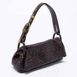 Pre Owned Bottega Veneta Dark Brown Intrecciato Leather Flap Baguette Bag