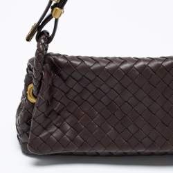 Pre Owned Bottega Veneta Dark Brown Intrecciato Leather Flap Baguette Bag