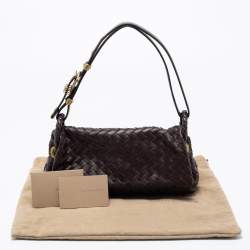 Pre Owned Bottega Veneta Dark Brown Intrecciato Leather Flap Baguette Bag