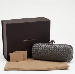 Pre Owned Bottega Veneta Grey Intrecciato Satin And Snakeskin Trim Knot Clutch