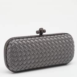 Pre Owned Bottega Veneta Grey Intrecciato Satin And Snakeskin Trim Knot Clutch