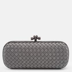 Pre Owned Bottega Veneta Grey Intrecciato Satin And Snakeskin Trim Knot Clutch