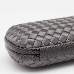Pre Owned Bottega Veneta Grey Intrecciato Satin And Snakeskin Trim Knot Clutch